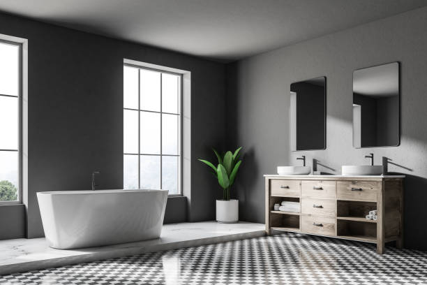 istock Loft gray luxury bathroom corner, tub and sink 994872660