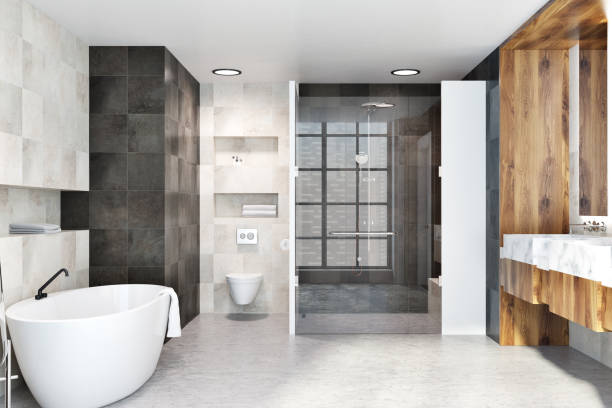 istock Classic tiled and wooden bathroom interior 994873102