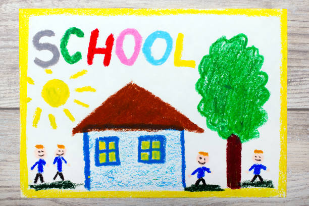 istock Colorful hand drawing: school building and smiling students 994873104