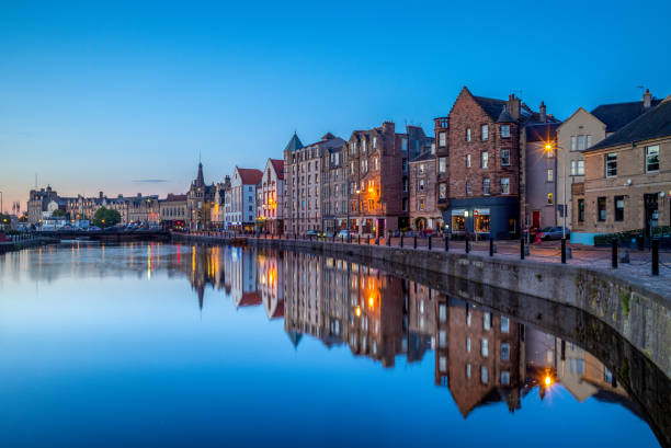 skyline of leith riverbank of water of leith in edinburgh midlothian scotland stock pictures, royalty-free photos & images