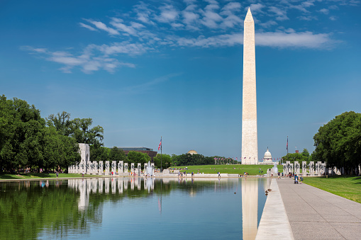 Washington Monument at sunny day from new reflecting pool by Lincoln Memorial,  Washington DC, USA.
