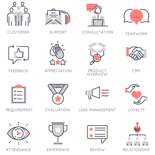 Vector set of flat linear icons related to business management, feedback, relationship and evaluation Vector set of flat linear icons related to business management, feedback, relationship and evaluation. Flat infographics design elements with stroke lines convenience stock illustrations