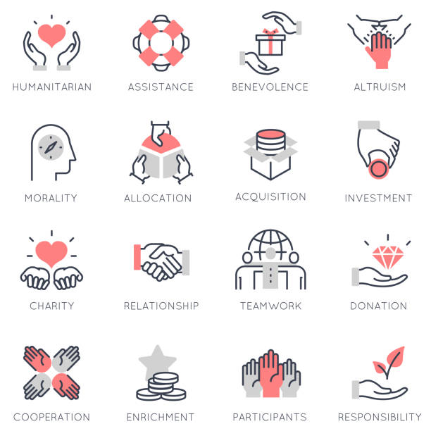 Vector set of flat linear icons related to altruism, benevolence, human responsible and beneficence Vector set of flat linear icons related to altruism, benevolence, human responsible and beneficence. Flat infographics design elements with stroke lines contributor stock illustrations