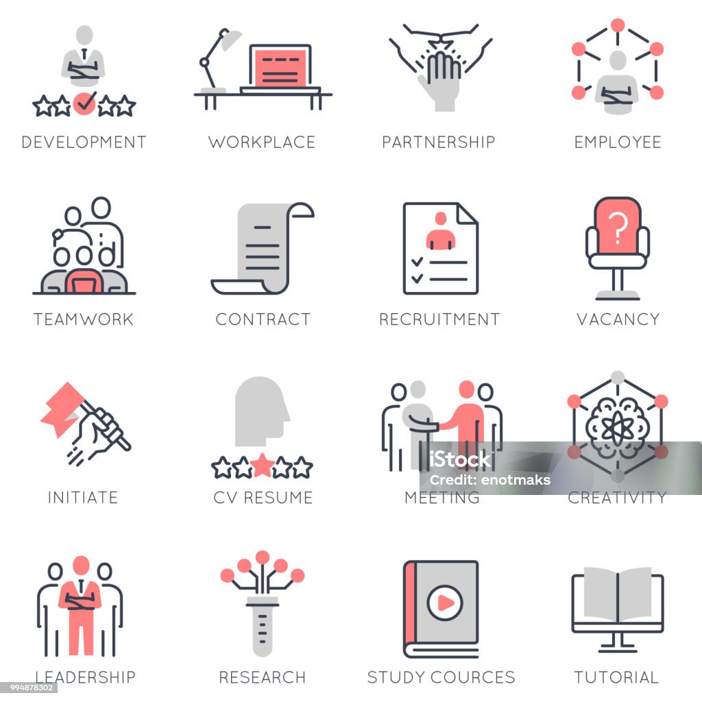 Vector set of flat linear icons related to human resource management, career progress Vector set of flat linear icons related to human resource management, career progress. Flat infographics design elements with stroke lines Icon Symbol stock vector