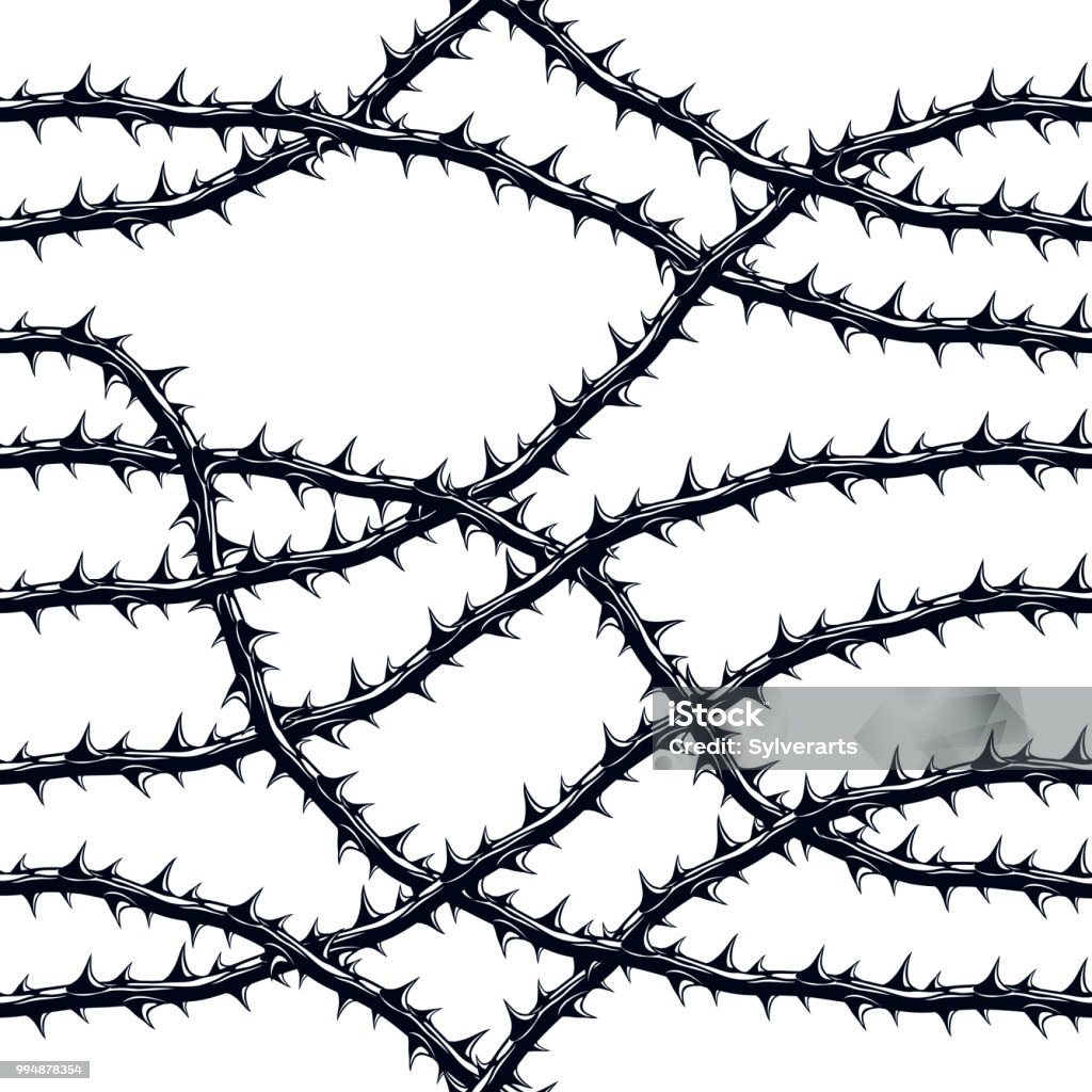 Horror art style seamless pattern, vector background. Blackthorn branches with thorns stylish endless illustration. Hard Rock and Heavy metal subculture music textile fashion stylish design. Thorn stock vector