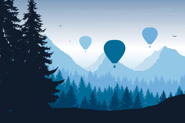 ilustraciones, imágenes clip art, dibujos animados e iconos de stock de ilustración de vector de paisaje de montaña con bosque, volar globos de aire caliente y las aves de cielo azul con nubes - heat mid air flying float