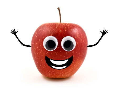Cheerful apple character. Red apple on white background. Laughing apple cartoon icon