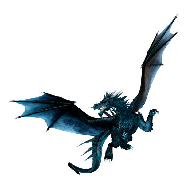 illustrazione 3d drago fiabesco nero su bianco - fantasy flying dragon monster foto e immagini stock