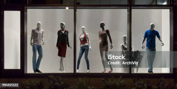Mannequins In Fashion Shop Display Window Interior Design Stock Photo - Download Image Now