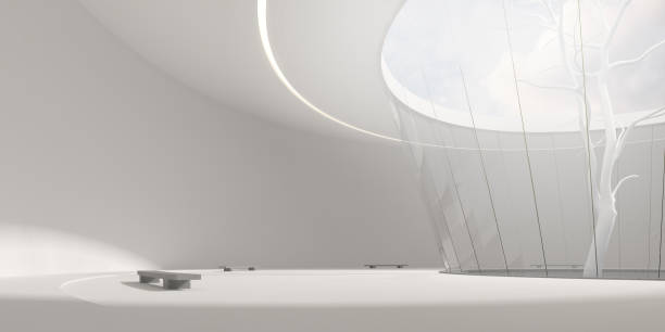 istock 3D stimulate of circle concrete and glass building and white tree with sunlight cast the shadow on the wall and floor,Perspective of minimal design architecture,3d rendering 994954138