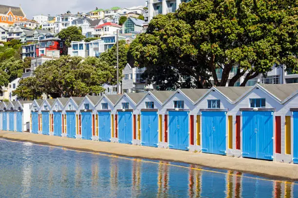 Beautiful little colorful boathouses in Wellington, New Zealand