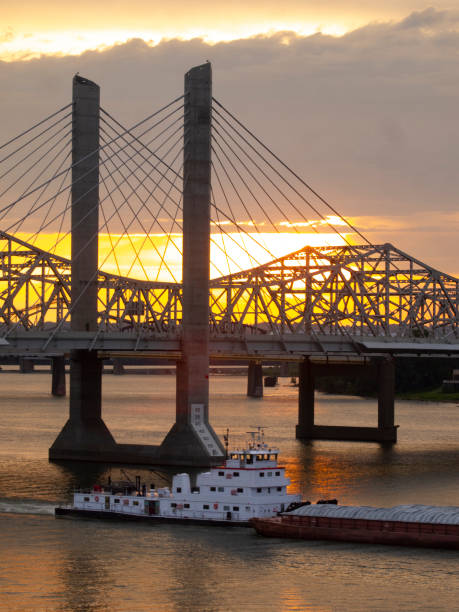Sunset behind bridge in Louisville, Kentucky stock photo