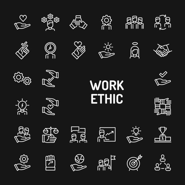 Work Ethics Simple Line Icon Set Simple white line icons isolated over black background related to work ethics; Teamwork, morality, proficiency, optimism and empathy. Vector signs and symbols collections for website and design template. humility stock illustrations