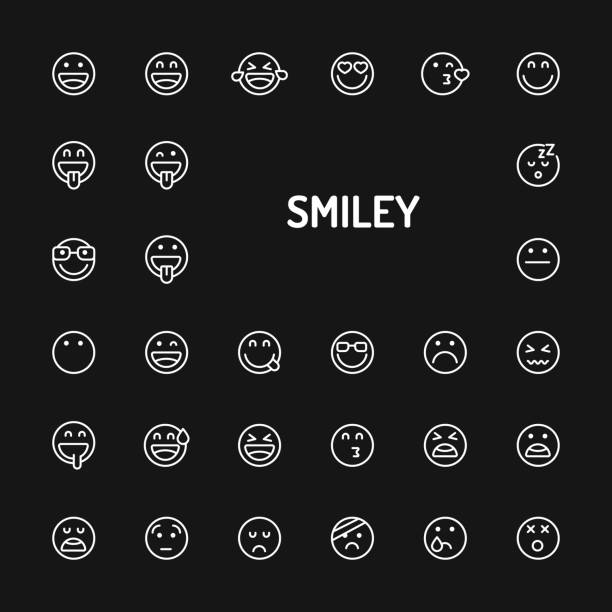 Smiley Face Simple Line Icon Set Simple white line icons isolated over black background related to smiley faces and emoticons. Vector signs and symbols collections for website and design template. drawing of the how to draw a crying face stock illustrations