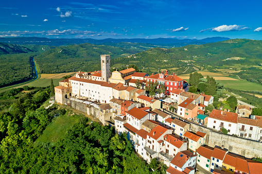 Idyllic hill town of Motovun aerial view, Istria region of Croatia