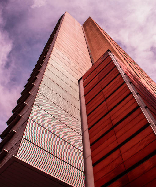 Looking up through buildings.