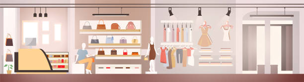 ilustrações de stock, clip art, desenhos animados e ícones de woman clothes boutique showroom or showcase vector - boutique fashion indoors shopping