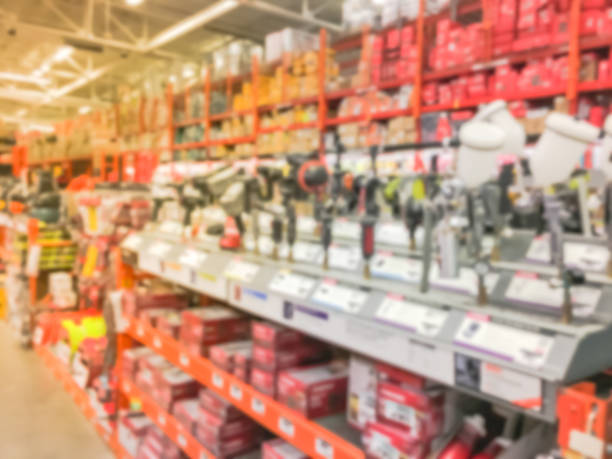 istock Abstract blurred power tool combo kits at hardware store in America 995076404
