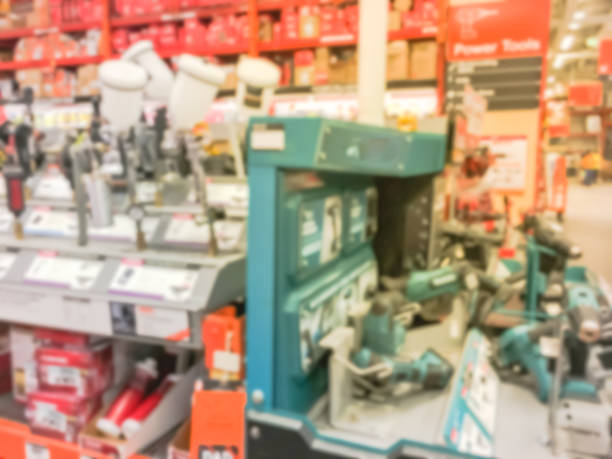 istock Abstract blurred power tool combo kits at hardware store in America 995076414