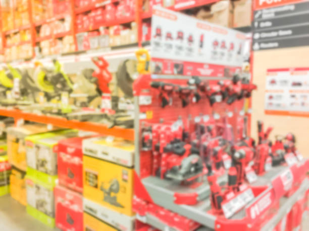 istock Abstract blurred power tool combo kits at hardware store in America 995076422