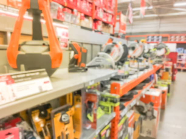 istock Abstract blurred power tool combo kits at hardware store in America 995076486