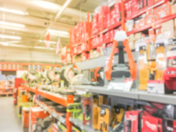 istock Abstract blurred power tool combo kits at hardware store in America 995076534
