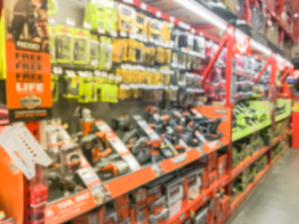 istock Abstract blurred power tool combo kits at hardware store in America 995076636