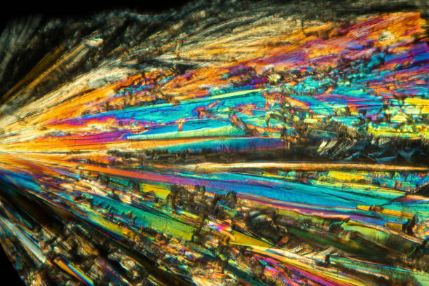 micrographie abstraite d’une douche rayonnante de cristaux de lysine. - scientific micrograph science bee abstract photos et images de collection