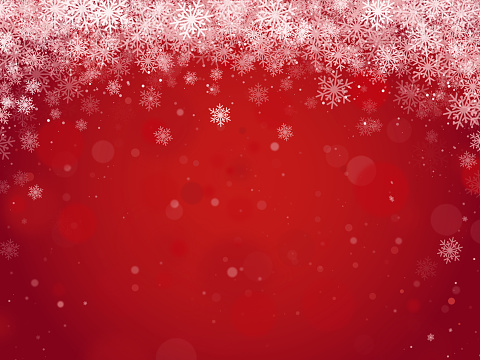 Festive Christmas and New Year red gradient background border design with bokeh and beautiful white snowflakes