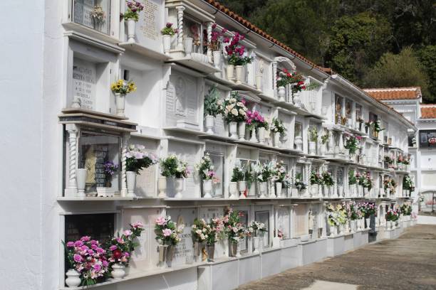 Casares, Spain. 9,2,2018. The cemetery in Casares located above the town near the castle. The cemetery is cut into the hillside  and is in a beautiful, peaceful location. Casares, Spain. 9,2,2018. The cemetery in Casares. casares photos stock pictures, royalty-free photos & images