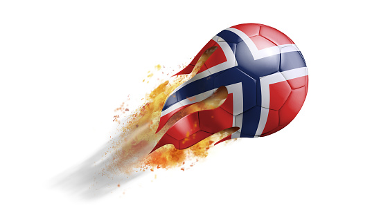 Soccer ball with a trail of smoke and flames flying through the air with flags from countries of the world.