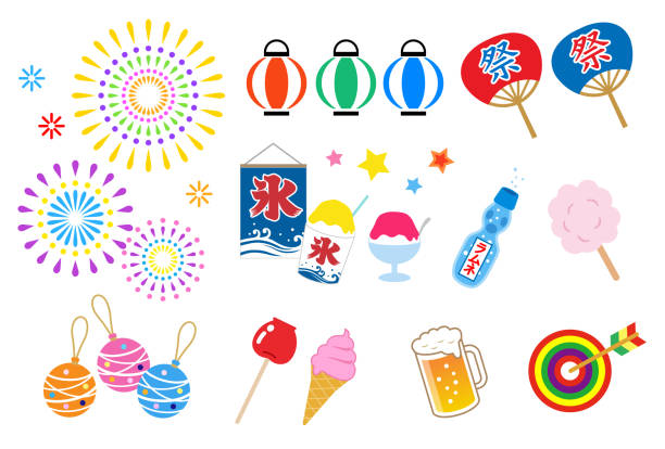 sommerfest im japan_icon satz - street market illustrations stock-grafiken, -clipart, -cartoons und -symbole