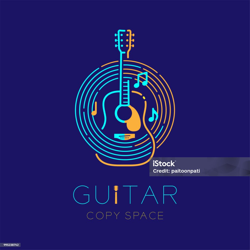 Acoustic guitar, music note with line staff circle shape logo icon outline stroke set dash line design illustration isolated on dark blue background with guitar text and copy space Guitar stock vector