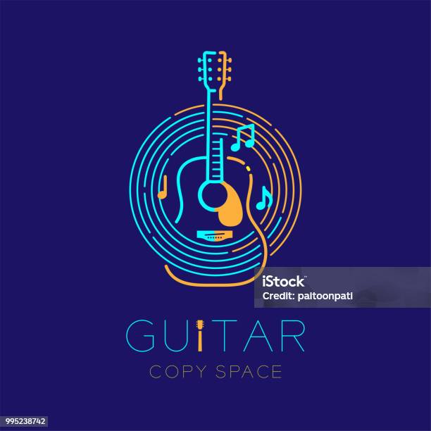 Acoustic Guitar Music Note With Line Staff Circle Shape Logo Icon Outline Stroke Set Dash Line Design Illustration Isolated On Dark Blue Background With Guitar Text And Copy Space Stock Illustration - Download Image Now