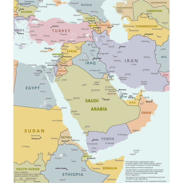 Political map of The Middle East Vector illustration of the policital map of The Middle East

Reference map was created by the US Central Intelligence Agency and is available as a public domain map at the University of Texas Libraries website.

https://www.cia.gov/library/publications/resources/the-world-factbook/graphics/ref_maps/political/pdf/middle_east.pdf israel egypt border stock illustrations