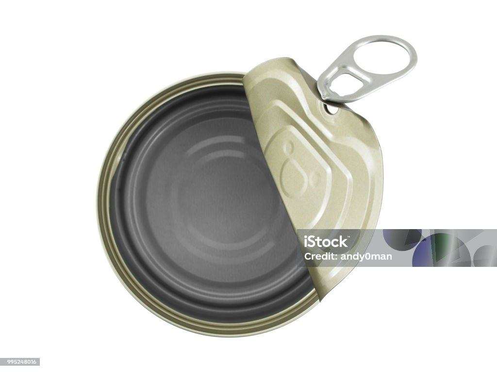 aluminum can (canned food) open and empty isolated on white background flat lay closeup top view, packaging for food preservation Can Stock Photo
