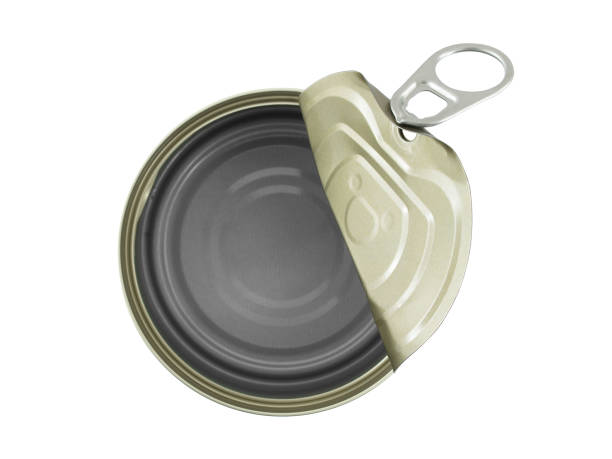 alumínio lata (comida enlatada) aberto e vazio, isolado no fundo branco - can packaging tuna food - fotografias e filmes do acervo