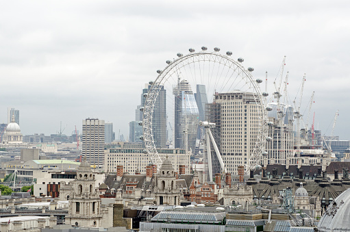 View across the rooftops of Westminster towards the South Bank district of London.  Including the London Eye wheel, Shell Centre and Royal Festival Hall.