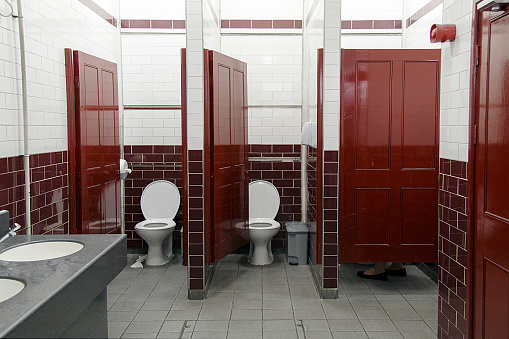 Victorian style ladies public bathroom with red and white tiling and redwood varnished doors.