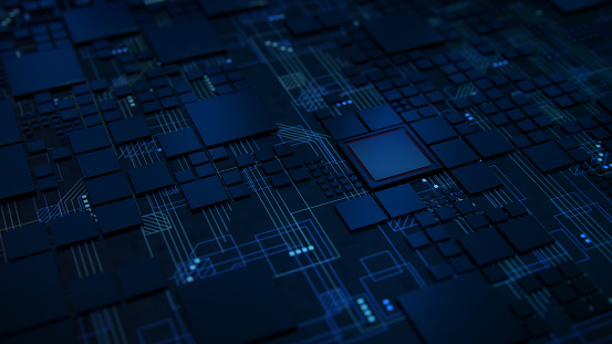 3D Render de una visión macro de un futurista circuitos electrónicos con Microchips y procesadores. Concepto de fondo de tecnología. photo