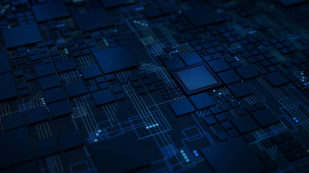 istock 3D Render of a macro view of a Futuristic Electronic Circuit Board with Microchips and Processors. Technology Background concept. 995267166