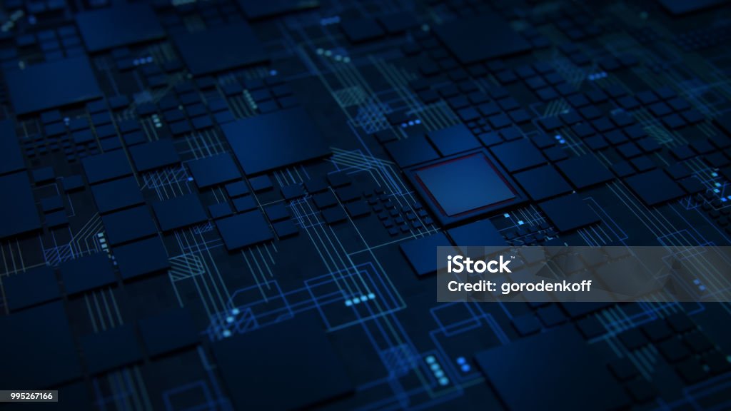 3D Render of a macro view of a Futuristic Electronic Circuit Board with Microchips and Processors. Technology Background concept. Circuit Board Stock Photo