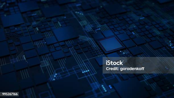 3d Render Of A Macro View Of A Futuristic Electronic Circuit Board With Microchips And Processors Technology Background Concept Stock Photo - Download Image Now