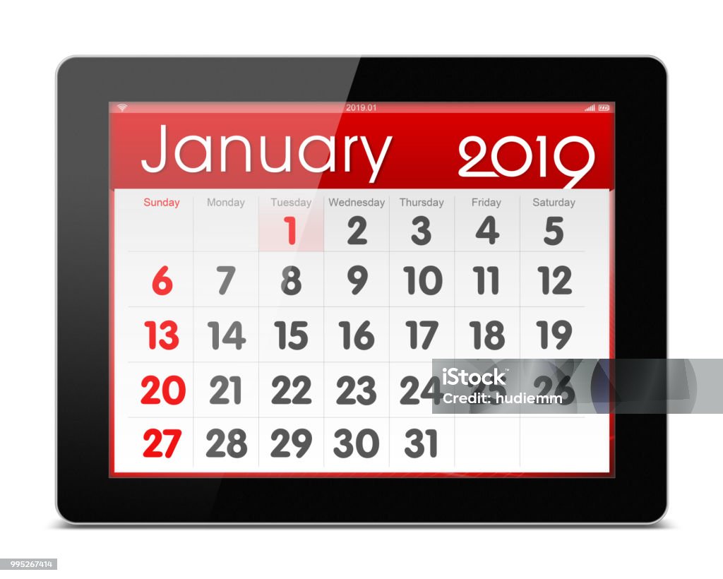 January 2019 Calender on digital tablet isolated on white background 2019 Stock Photo