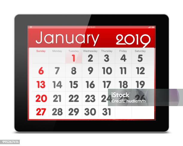 January 2019 Calender On Digital Tablet Isolated On White Background Stock Photo - Download Image Now