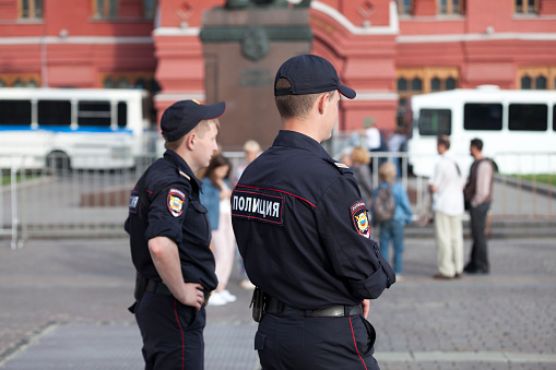 Moscow, Russia - July 07 2018: The Police (Russian: полиция) is the federal law-enforcement agency in Russia, operating under the Ministry of Internal Affairs.