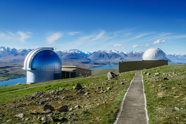 University of Canterbury Mount John Observatory (UCMJO), view towards Lake Tekapo. The area around the observatory was declared as the Aoraki Mackenzie International Dark Sky Reserve by the International Dark-Sky Association, one of only four such reserves around the world. Mount John, Tekapo, Lake Tekapo, South Island, New Zealand, Oceania.
