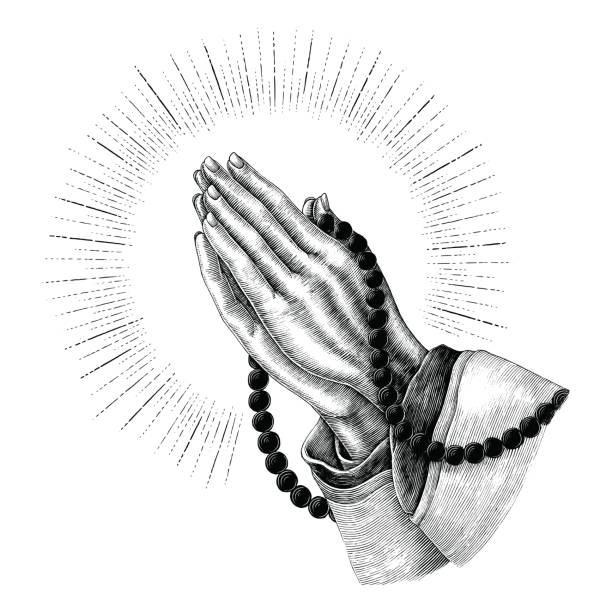 ilustraciones, imágenes clip art, dibujos animados e iconos de stock de oración mano con rayos prediseñadas vintage aisladas sobre fondo blanco - prayer position illustrations