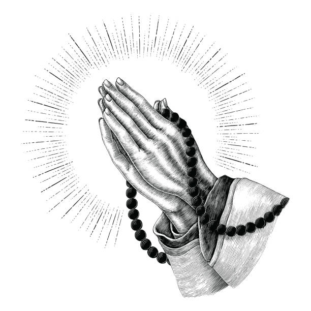 ilustrações, clipart, desenhos animados e ícones de rezando mão desenhando com raios vintage clipart isolado no fundo branco - prayer position illustrations