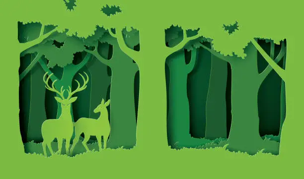 Vector illustration of deers in the forest.